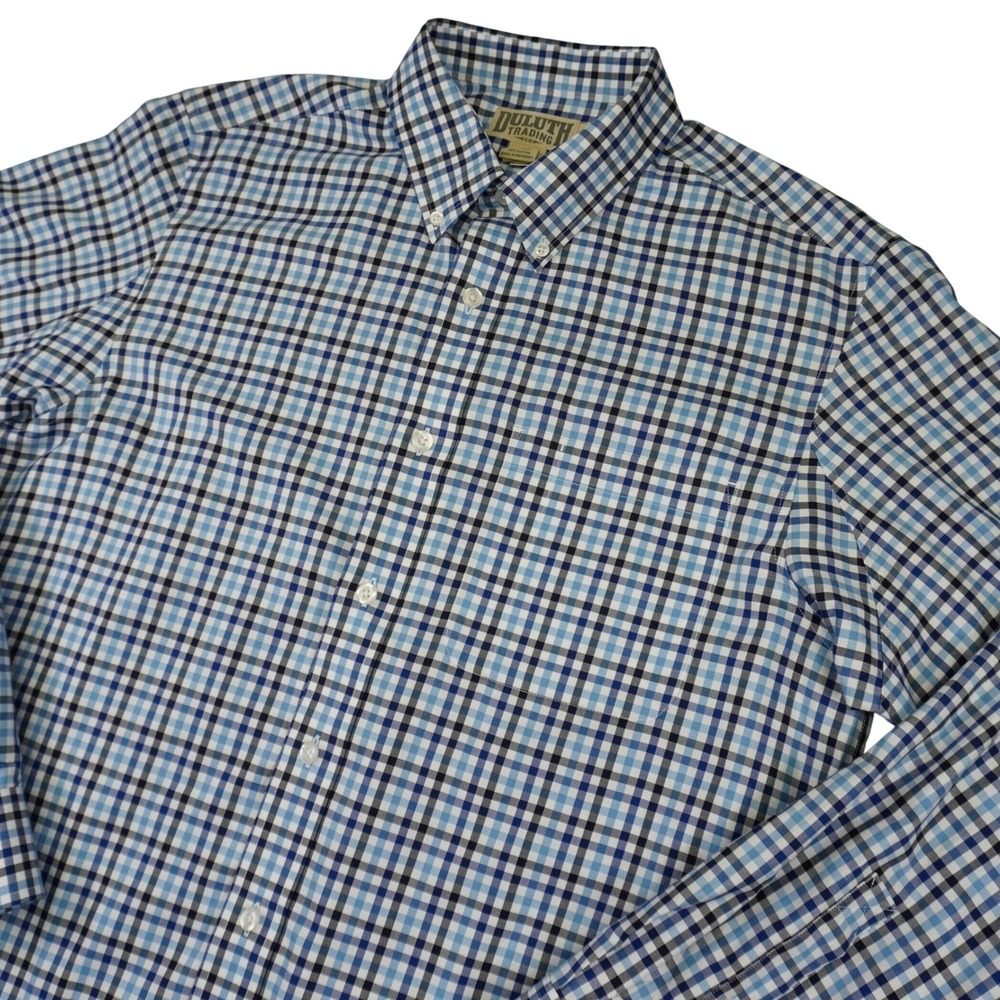Duluth Trading Trim Fit Men's Large Tall Plaid Long Sleeve Button Shirt Blue LT - Picture 1 of 10